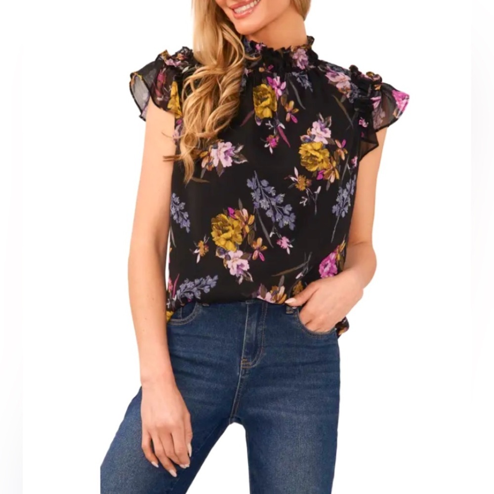 NEW CeCe Floral Mock Neck Flutter Sleeve Blouse